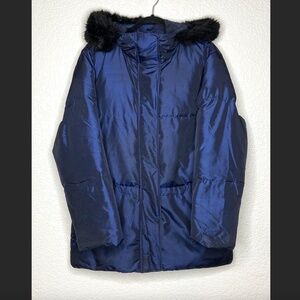 LAUREN RALPH LAUREN Navy Blue Down Puffer Faux Fur Lined Hood Long Jacket Medium